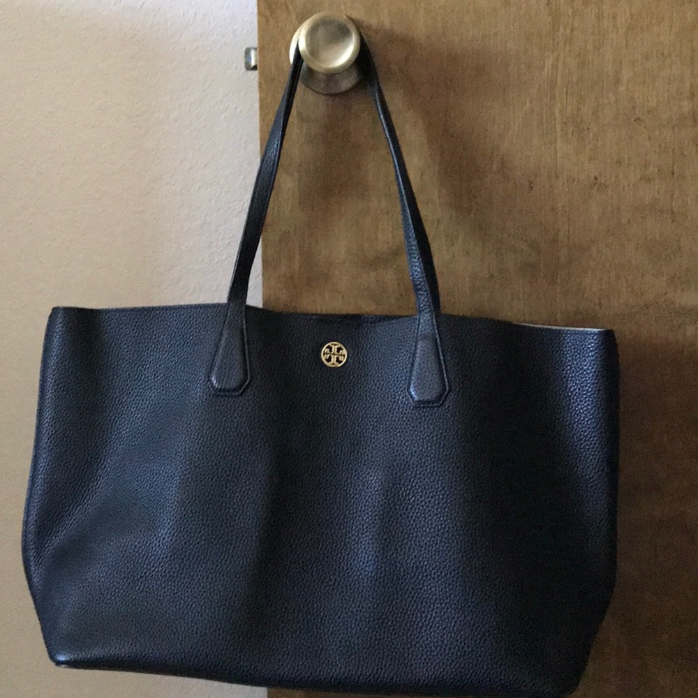 Large Tory Burch black pebbled leather tote.
